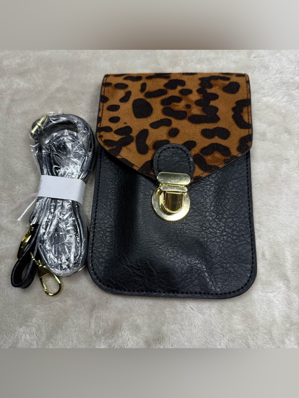 Leopard Flap Crossbody Phone Bag - Black & Brown